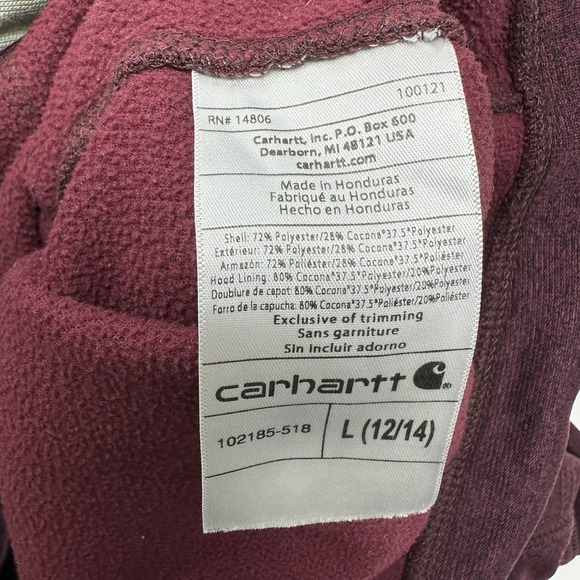 Carhartt Force Sweatshirt Youth 12/14 Large Maroon Hoodie Spell Out Logo Relaxed - Picture 11 of 11